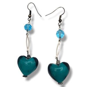 Dichroic Glass Heart Dangle Drop Silver Tone Hook Earrings Teal Green Blue